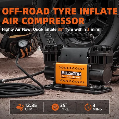Miniatura 2 de Kit de Compresor de Aire ALL-TOP, Inflador Portátil de Doble Cilindro 12V 12.35 pies³/Min, Compresor de Aire Todoterreno para Neumáticos de Camión
