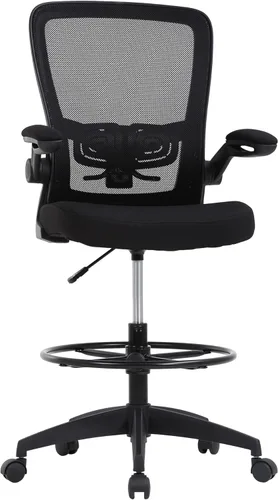BestOffice Silla de dibujo, silla alta de oficina, altura ajustable con soporte lumbar, brazos abatibles, reposapiés, respaldo medio, silla de