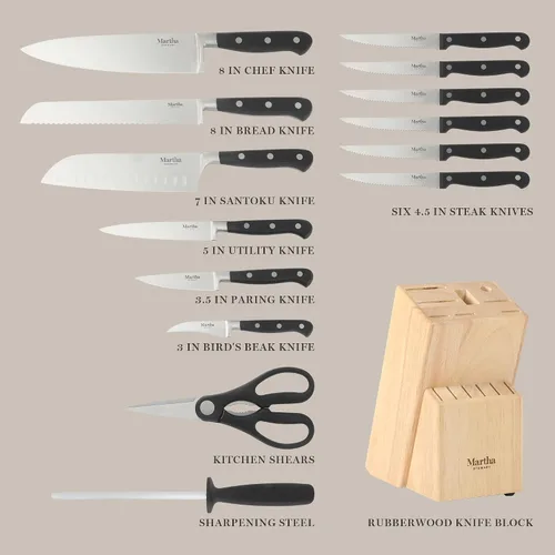 Miniatura 3 de Martha Stewart Carverton Juego de 15 cuchillos de cocina de acero inoxidable de alto carbono con mango forjado de ABS triple remache y bloque