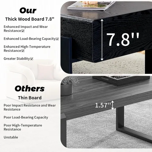 Miniatura 7 de Mesa de Centro Rectangular de 47.24", Mesa de Centro de Madera con Tablero de 7.8" de Grosor, Patas de Metal, Esquinas Redondeadas para Sala