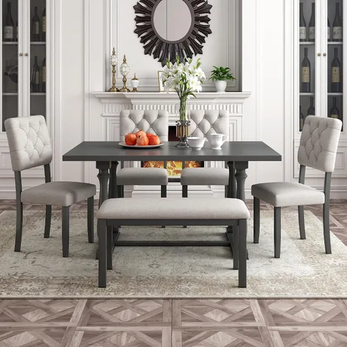 Miniatura 9 de Harper & Bright Designs Juego de mesa de comedor de madera gris de 6 piezas con banco tapizado y 4 sillas de comedor, patas de forma especial