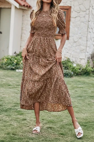 Miniatura 118 de BTFBM Vestidos para mujer, cuello redondo, casual, de verano, con volantes, manga corta, bohemio, con niveles, fruncido, largo, con estampado floral