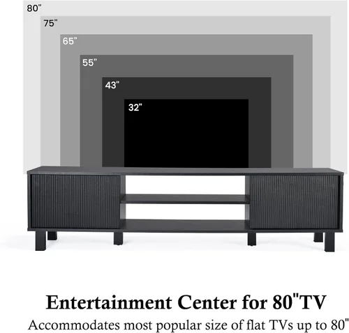 Miniatura 7 de Wood TV Stand for 65+ Inch TV, Boho Television Stand with Natural Rattan Sliding Doors & Adjustable Shelves, Entertainment Center Media Console for