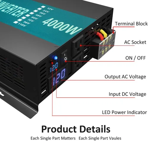 Miniatura 5 de WZRELB 4000W 12V DC a 120V AC onda sinusoidal pura inversor de energía solar