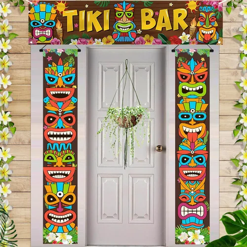 Miniatura 5 de Luau - Cartel para puerta de tótem Tiki, 3 piezas, pancarta de Tiki para porche, cubierta hawaiana para Aloha Hawaii, Moana tropical, cumpleaños