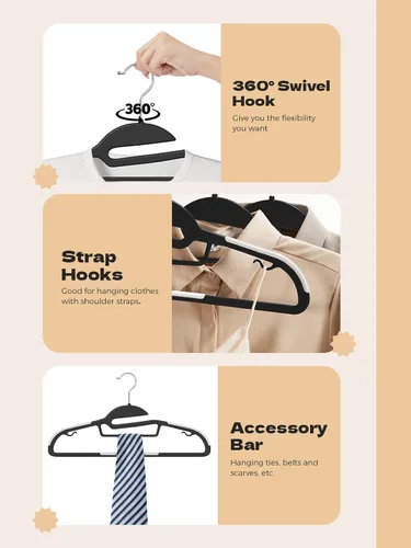 Miniatura 7 de HOUSE DAY Perchas de Plástico Resistente Paquete de 100, Perchas Delgadas Negras para Ropa que Ahorran Espacio, Perchas Antideslizantes con Negro