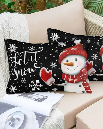 Miniatura 6 de Fundas de almohada de muñeco de nieve de Navidad, funda de almohada larga de lino, diseño de copos de nieve de invierno clásico, negro, protector