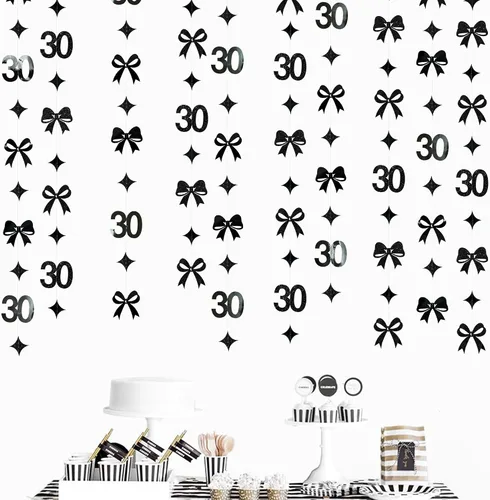 Miniatura 6 de Decoraciones de cumpleaños negras con lazo del 30 aniversario, guirnalda de lazos coquette con purpurina, pancarta serpentina para mujeres