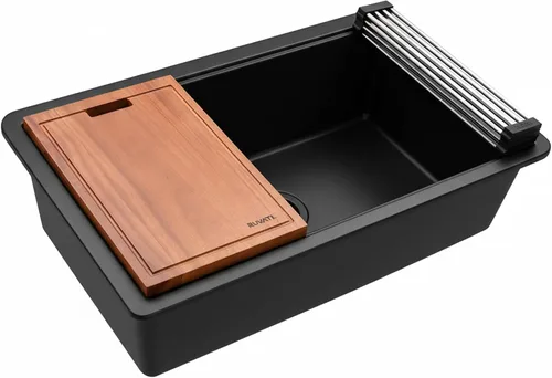 Miniatura 10 de Ruvati Fregadero de cocina de cuarzo compuesto de granito de 30 pulgadas con estación de trabajo, montaje por debajo y acabado negro mate - RVG2310BK