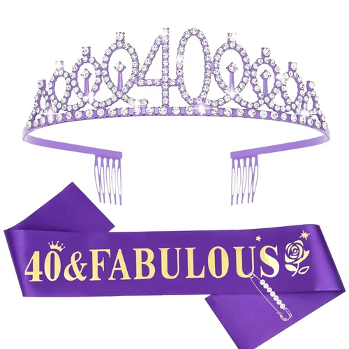 Miniatura 13 de Casoty Juego de diadema y tiara de 40 y fabuloso, oro rosa, para decoraciones de cumpleaños de 40 años, regalos para mujeres, decoraciones de fiesta