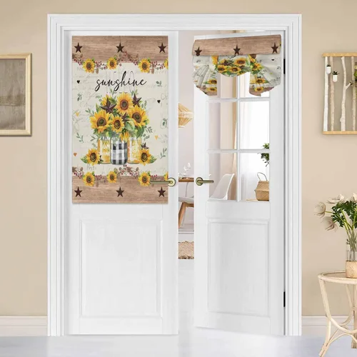 Cortinas de puerta francesa con girasoles de verano en jarrón, cortinas vintage de estrella campestre para ventanas de puerta delantera de vidrio,