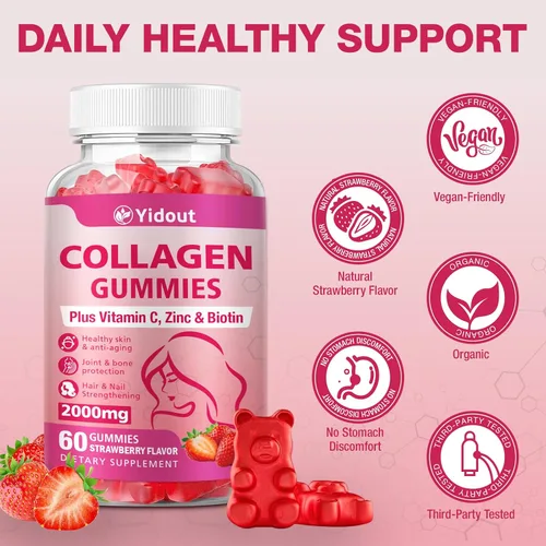 Miniatura 3 de Gomitas de colágeno con vitamina C y biotina, 200 mg de péptidos de colágeno para cabello, piel y uñas, apoyo para hombres y mujeres. Suplemento