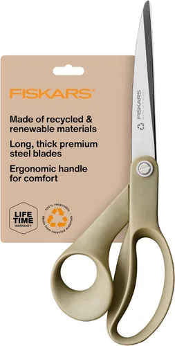 Fiskars Tijeras de tela reciclada de 9 pulgadas - Tijeras de artesanía sostenibles y afiladas para costura - Corte de tela - Beige