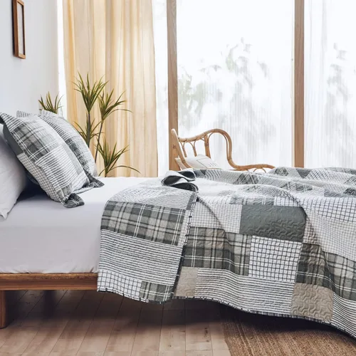 Miniatura 3 de Colcha a cuadros gris y blanco tamaño Full/Queen, colchas de retazos ligeras, colcha geométrica a cuadros, ropa de cama suave y transpirable, Gris