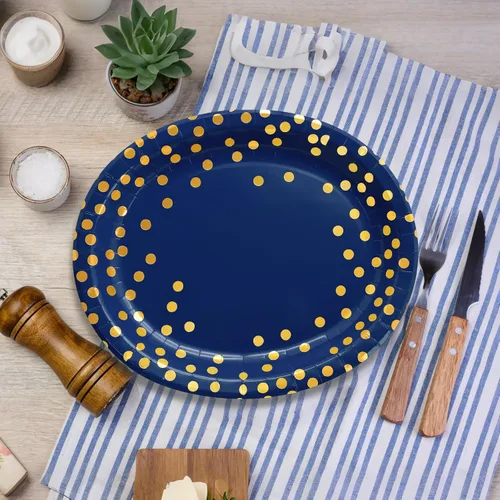 Miniatura 4 de 30 platos azul marino de 10 x 12 pulgadas, platos ovalados de papel azul y dorado, platos desechables grandes para fiestas de graduación