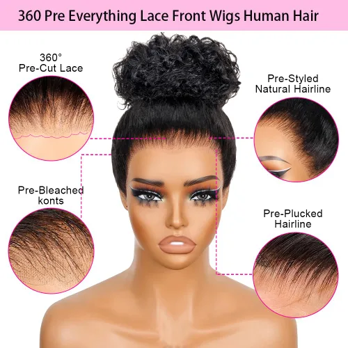 Miniatura 6 de Pelucas de cabello humano ondulado con encaje frontal 360 con correa oculta, nudos blanqueados, sin pegamento, previamente despuntadas, precortadas