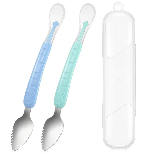 Miniatura 9 de Lallisa 2 cucharas de silicona para bebés, cuchara de comida para bebés de doble cabeza, alimentador de frutas, raspador de alimentos suave para rosa
