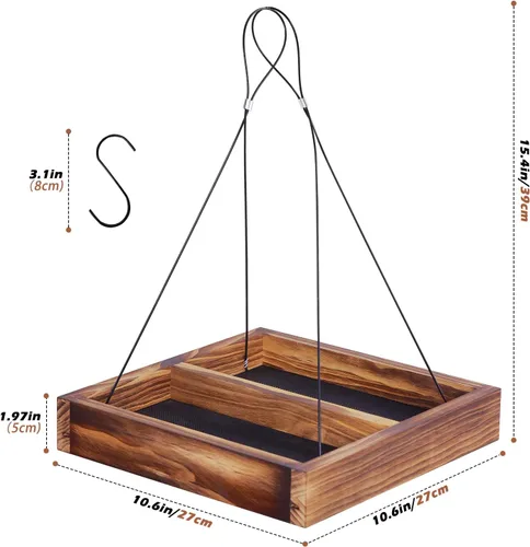 Miniatura 2 de MIXXIDEA Bandeja colgante para comedero de pájaros, bandeja de semillas de madera, bandeja colgante para colibríes, plataforma de semillas de malla
