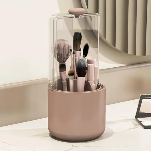 Miniatura 7 de Soporte para brochas de maquillaje con cubierta a prueba de polvo, organizador de brochas de maquillaje giratorio transparente de 360 grados