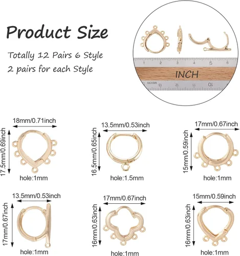 Miniatura 3 de Craftdady Aretes de aro chapados en oro de 14 quilates, 12 pares de aretes de aro de latón con múltiples bucles, círculo, lágrima, flor, palanca