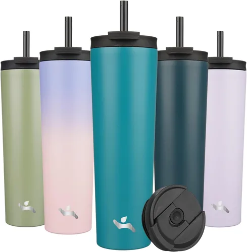 Miniatura 22 de Konokyo Vaso aislado de 18 onzas con tapa y 2 pajillas, botella de agua de acero inoxidable, taza de viaje al vacío, taza de café, color blanco ángel