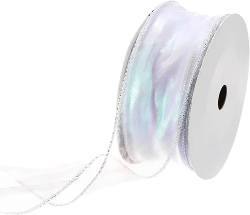 Miniatura 10 de MECCANIXITY - Cinta de organza con cable de 1 1/2" de ancho, brillante, transparente, con brillo irisado en tonos pastel, cinta de gasa para Beige