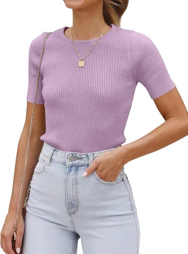 ZESICA Camiseta de manga corta con cuello redondo y punto acanalado para mujer, ajustada, camiseta básica de verano 2023 de color sólido