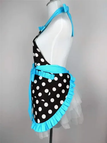 Miniatura 5 de Hyzrz Lindo delantal retro negro de lunares retro con volantes laterales vintage delantales de cocina con bolsillos para mujeres y niñas (lado azul)