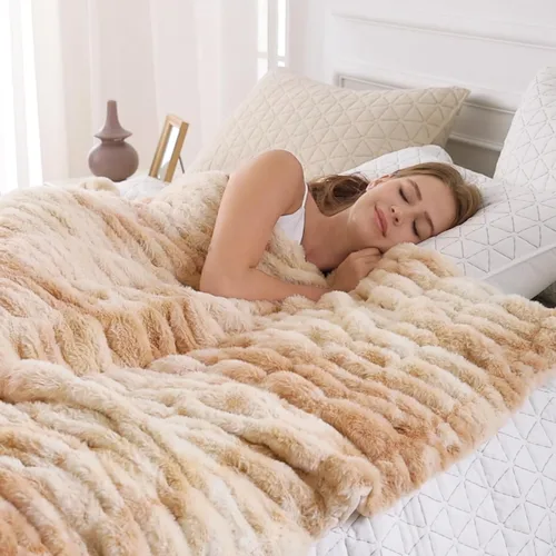 Miniatura 6 de Softan Manta de piel sintética extra suave, cálida manta de piel sintética a rayas con reverso de franela para sofá, cama, sala de estar, beige, 60