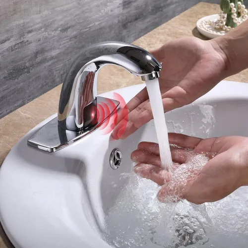 Miniatura 2 de Grifo de lavabo de baño sin contacto Charmingwater, llave con sensor automático de movimiento, con placa de cubierta de agujero, cromado Cromo