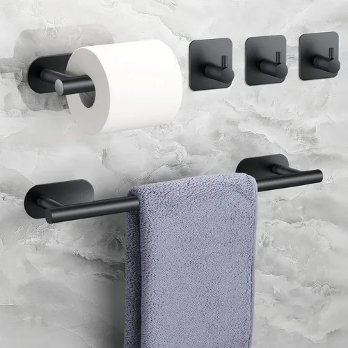 JiGiU Toallero de 16 pulgadas, juego de accesorios de baño autoadhesivos con soporte para papel higiénico y 3 paquetes de ganchos para toallas, kit