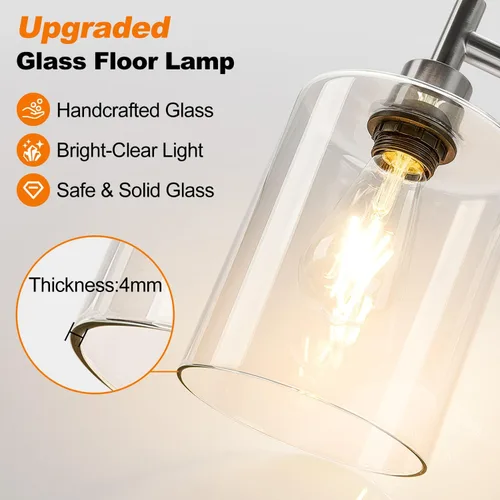 Miniatura 6 de 【Actualizada】Lámpara de pie regulable para sala de estar con pantalla de cristal, lámpara de pie moderna de níquel cepillado con bombilla LED de 900