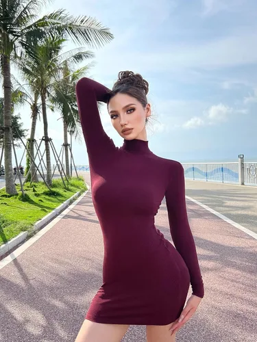 Miniatura 4 de ChongBaiJia - Vestido de manga larga de 3 piezas para mujer, cuello alto, básico, acanalado, ajustado, ajustado, mini vestidos de club