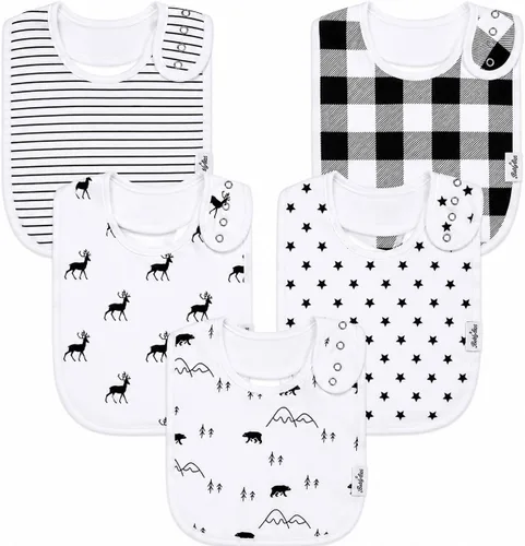 KiddyStar Drool Bibs for Babies – Organic, Unisex, Soft Absorbent Teething Bibs with Adjustable Snaps Paquete de 5 baberos unisex
