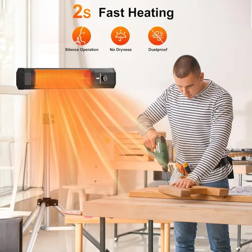 Miniatura 3 de Calentador de patio al aire libre con control remoto, calentador eléctrico infrarrojo con trípode, altura ajustable de 68 pulgadas, temporizador