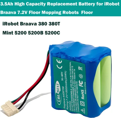 Miniatura 4 de CREABEST Batería de repuesto Ni-MH de 7.2 V 3500 mAh compatible con iRobot Aspirador Barredora Braava 380 380T 390 390T Menta 5200B 5200C Piso