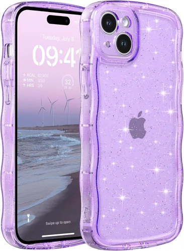 Miniatura 49 de FABSPARK Funda para iPhone 14 Pro Max, bonita funda colorida con láser, retro, exquisita, rizada, borde ondulado, protector estético de TPU suave