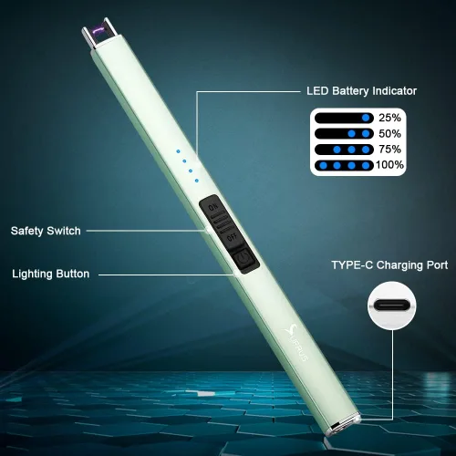 Miniatura 3 de SUPRUS Encendedor eléctrico de arco, a prueba de viento, sin llama, recargable por USB con bloqueo de seguridad para velas, barbacoa, camping (verde)