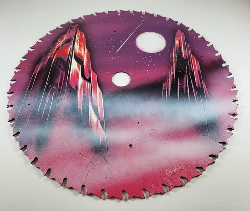 Miniatura 2 de Double Sided Saw blade Painting in Purple Colors of Fantasy Landscape scenes Flip Sides by artist Jason Girard