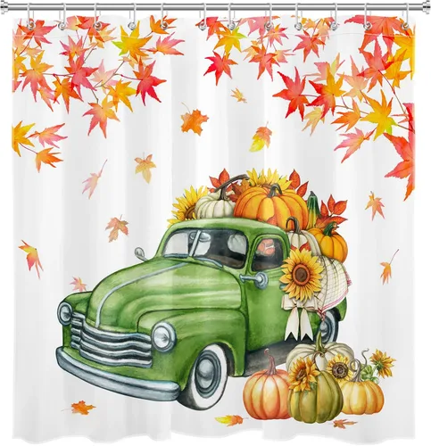 Cortina de ducha de otoño, estilo vintage, color verde, con diseño de calabaza, girasol, hojas de arce, Acción de Gracias, con ganchos, tela de