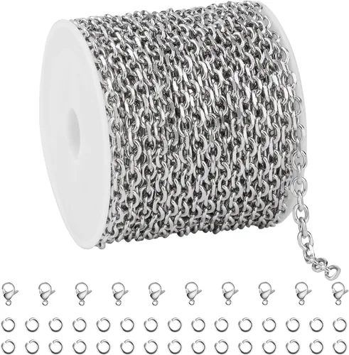 Miniatura 10 de 16.4 pies de cadenas de acero inoxidable plateadas para hacer joyería, collar pesado de hip-pop para hombres, cadena de eslabones en relieve a Rolo