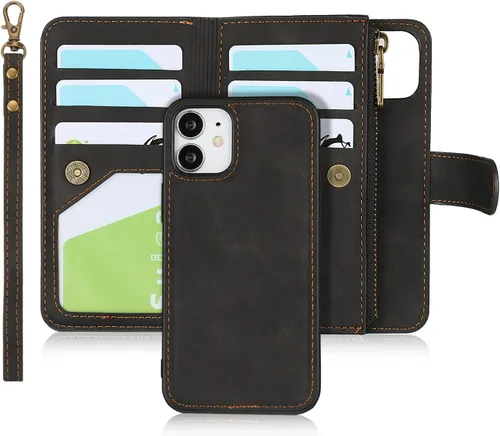 iCoverCase Funda tipo cartera para iPhone 12 Mini con tarjetero y correa para la muñeca, ranuras para tarjetas de piel sintética con función atril,