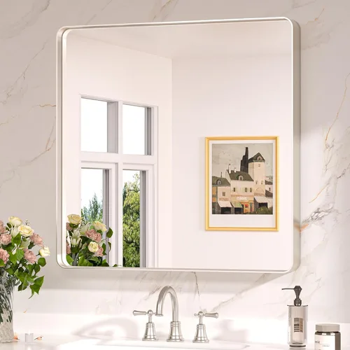 Miniatura 72 de Keonjinn Espejos de baño negros para sobre el fregadero, espejos cuadrados grandes de 36 x 36 pulgadas para pared, espejo rectangular redondeado