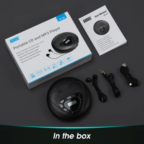 Miniatura 7 de Reproductor de CD portátil con batería recargable - August SE10 - Altavoces estéreo duales, protección antisaltos, salida auxiliar y reproductor
