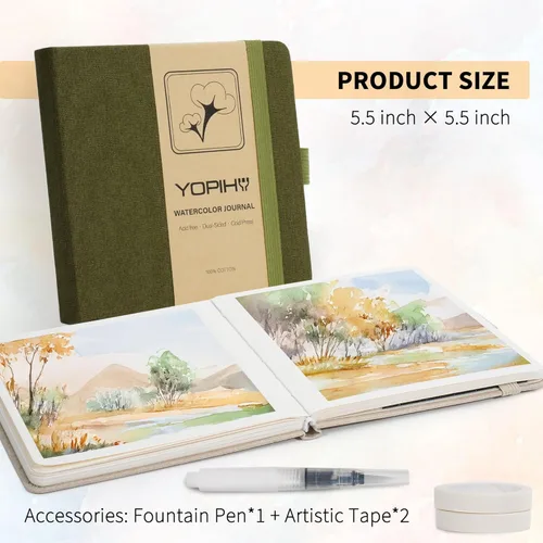 Miniatura 2 de Yopih Cuaderno de bocetos de acuarela de lino premium para artistas, 5.5" x 5.5" Cuaderno de acuarela con papel de algodón prensado en frío de Verde