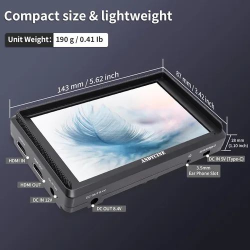 Miniatura 5 de ANDYCINE Monitor de campo HDMI A6 V2 de 6 pulgadas 1920 x 1080 con brazo de inclinación HDMI de entrada y salida 4k, salida de potencia, batería