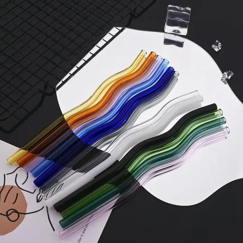 Miniatura 5 de JASHII Pajitas de vidrio onduladas incoloras, 8 pajitas de vidrio reutilizables de 7.87 x 0.31 pulgadas con bolsa negra, multicolor para beber