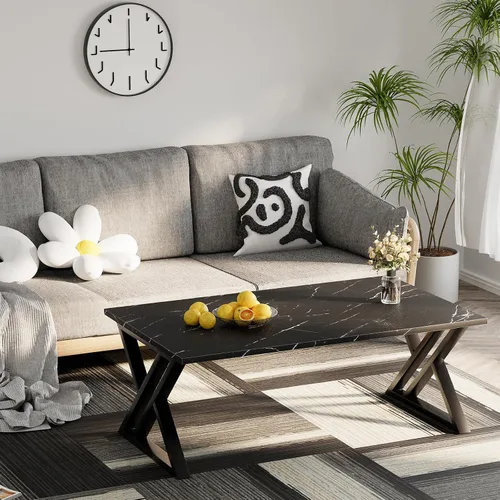 Miniatura 4 de Wolawu - Mesa de café para sala de estar, mesa central negra, mesa de té rectangular moderna y simple de mármol falso con marco de metal acabado