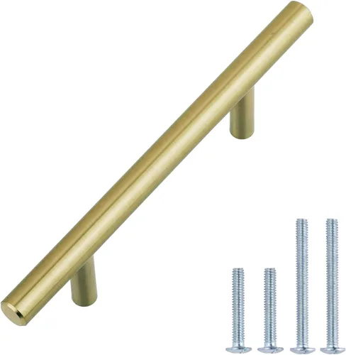 Amazon Basics Manija Euro Bar para gabinete (1/2 pulgada de diámetro), 5.38 pulgadas de longitud (centro de agujero de 3 pulgadas), champán dorado,
