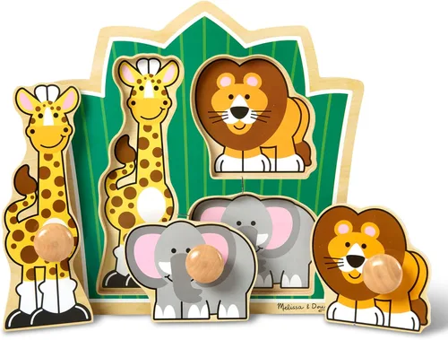 Melissa & Doug Jungle Friends - Rompecabezas de animales de safari con pomo gigante, rompecabezas de clavijas de madera para niños pequeños, juguete